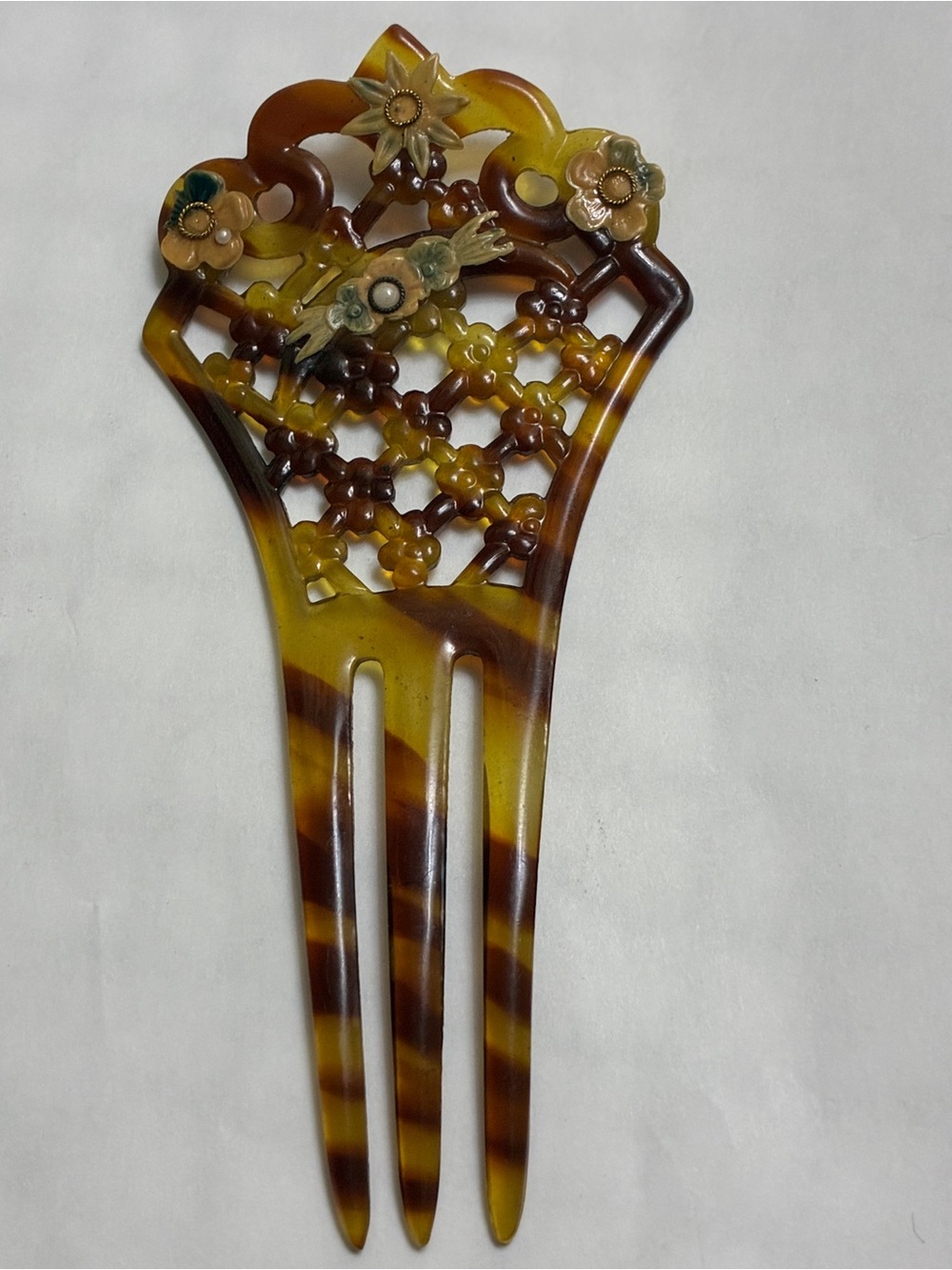 SALE! Vintage Victorian Era hair comb Tortoiseshell-Pattern Flowered Hair Comb